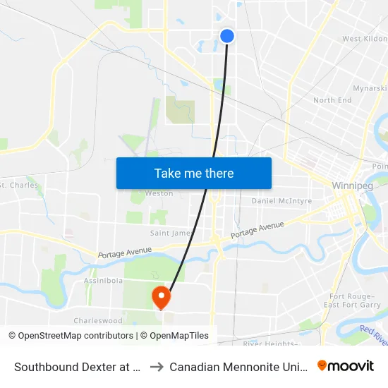 Southbound Dexter at Kinver to Canadian Mennonite University map
