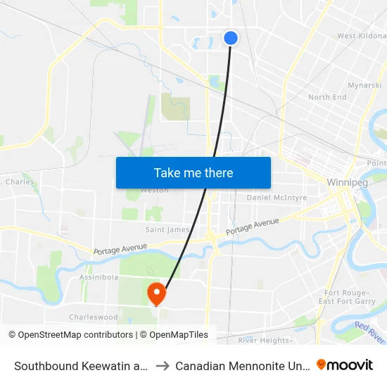 Southbound Keewatin at Kinver to Canadian Mennonite University map