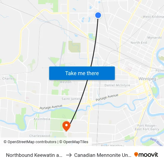 Northbound Keewatin at Kinver to Canadian Mennonite University map