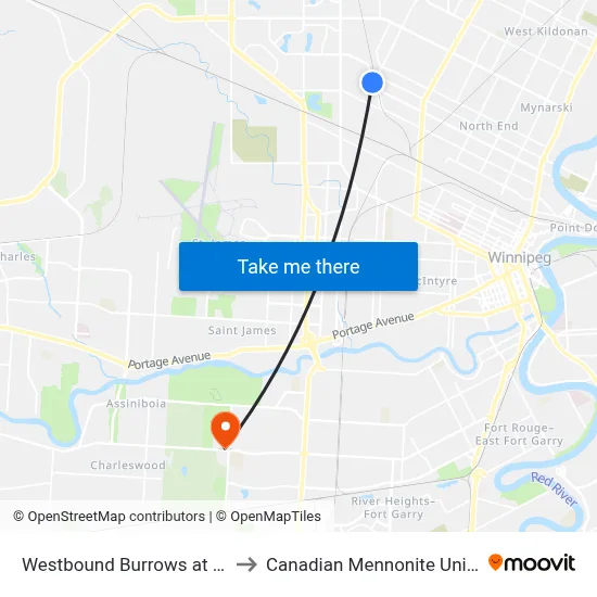 Westbound Burrows at Gilbert to Canadian Mennonite University map