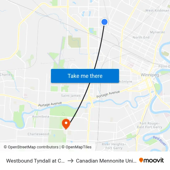 Westbound Tyndall at Chudley to Canadian Mennonite University map
