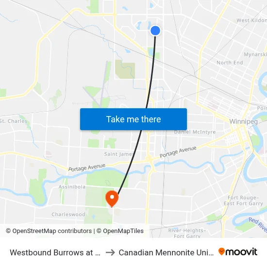 Westbound Burrows at Dexter to Canadian Mennonite University map