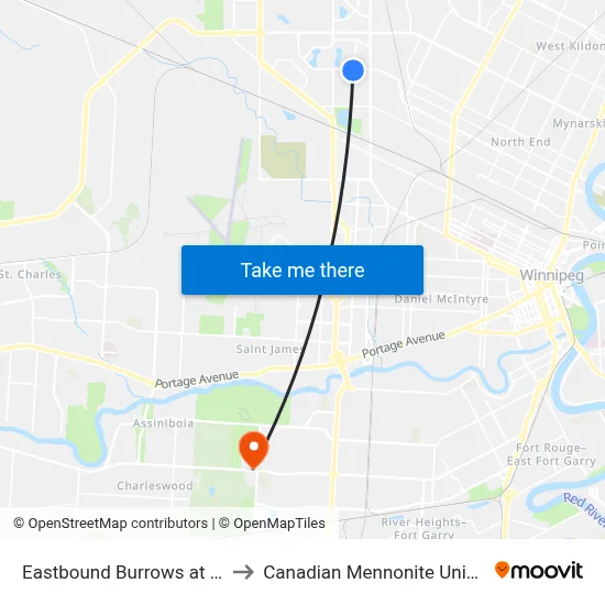 Eastbound Burrows at Avery to Canadian Mennonite University map