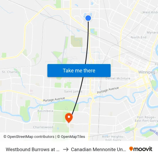Westbound Burrows at Sumter to Canadian Mennonite University map