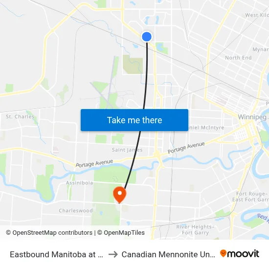Eastbound Manitoba at Walsall to Canadian Mennonite University map