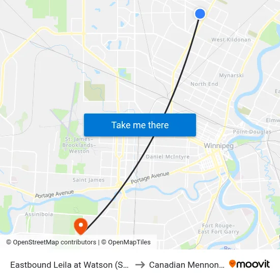 Eastbound Leila at Watson (Seven Oaks Hospital) to Canadian Mennonite University map