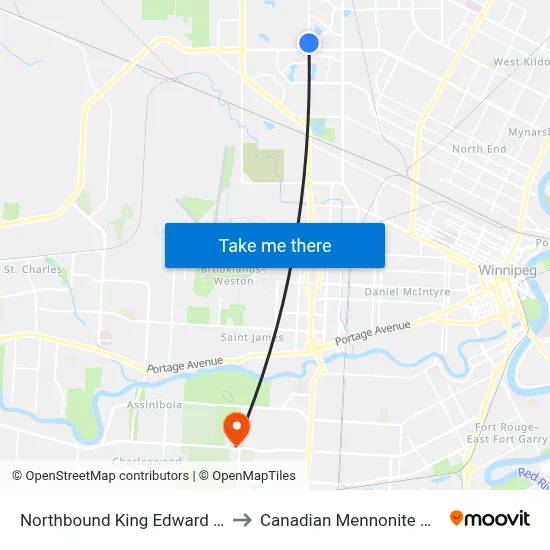 Northbound King Edward at Garton to Canadian Mennonite University map