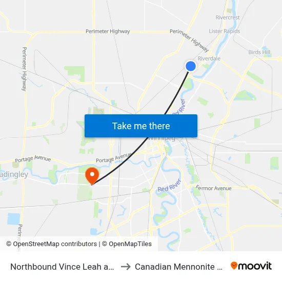 Northbound Vince Leah at Red River to Canadian Mennonite University map