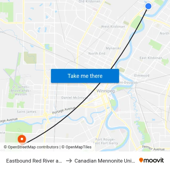 Eastbound Red River at Main to Canadian Mennonite University map