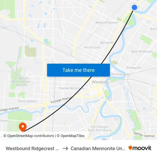 Westbound Ridgecrest at Main to Canadian Mennonite University map