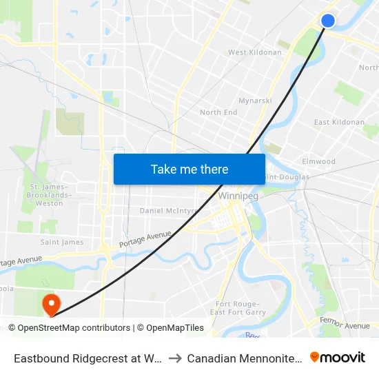 Eastbound Ridgecrest at West Kildonan to Canadian Mennonite University map