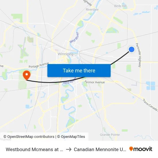 Westbound Mcmeans at Redonda to Canadian Mennonite University map