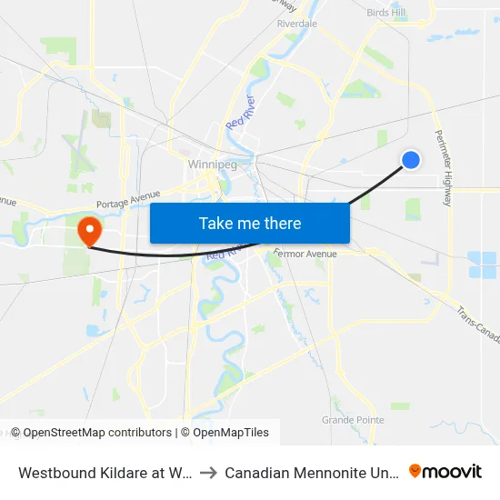 Westbound Kildare at Wayoata to Canadian Mennonite University map