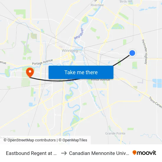 Eastbound Regent at Leola to Canadian Mennonite University map
