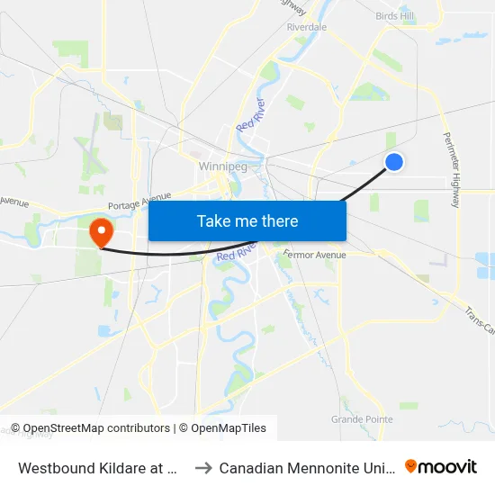 Westbound Kildare at Winona to Canadian Mennonite University map