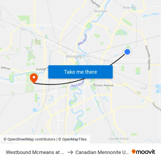 Westbound Mcmeans at Madeline to Canadian Mennonite University map