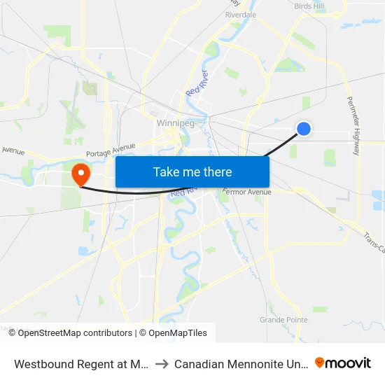Westbound Regent at Madeline to Canadian Mennonite University map