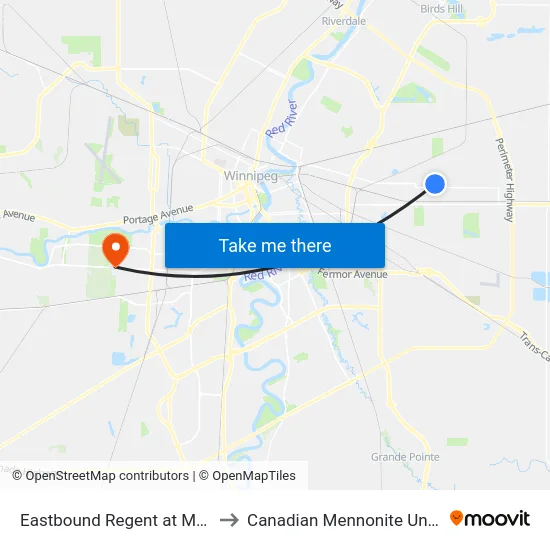 Eastbound Regent at Madeline to Canadian Mennonite University map