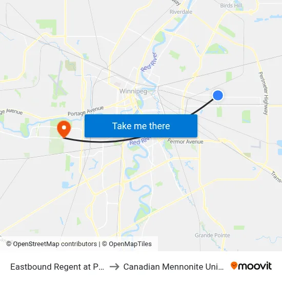 Eastbound Regent at Plessis to Canadian Mennonite University map