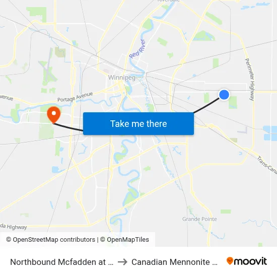 Northbound Mcfadden at Copeland to Canadian Mennonite University map