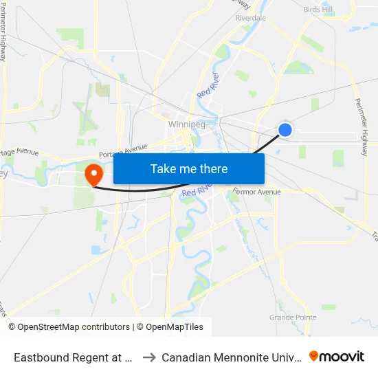 Eastbound Regent at Owen to Canadian Mennonite University map