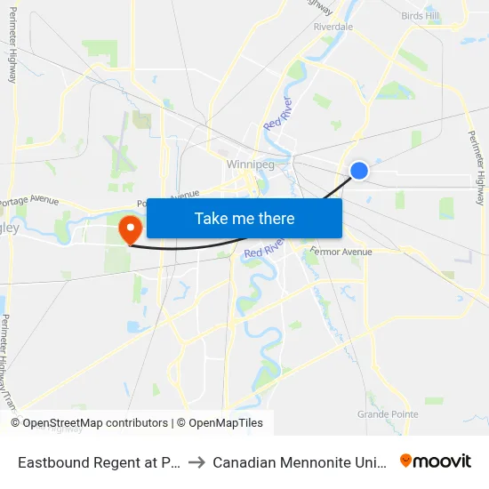Eastbound Regent at Peguis to Canadian Mennonite University map