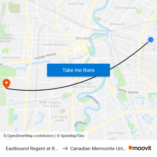 Eastbound Regent at Rougeau to Canadian Mennonite University map
