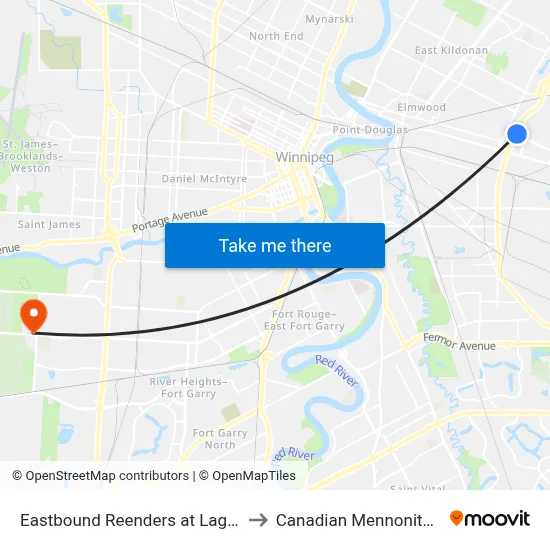 Eastbound Reenders at Lagimodiere East to Canadian Mennonite University map