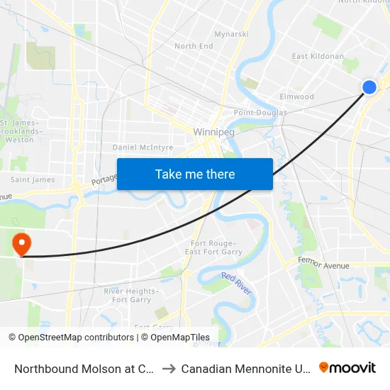 Northbound Molson at Concordia to Canadian Mennonite University map