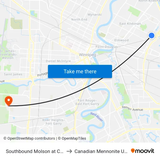 Southbound Molson at Concordia to Canadian Mennonite University map