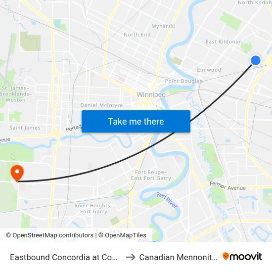 Eastbound Concordia at Concordia Hospital to Canadian Mennonite University map
