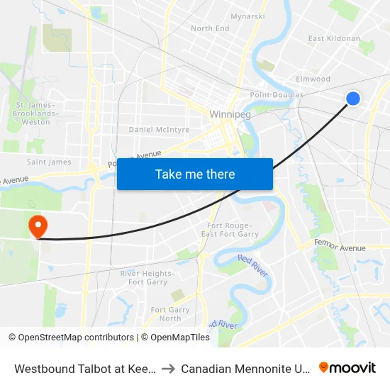 Westbound Talbot at Keenleyside to Canadian Mennonite University map