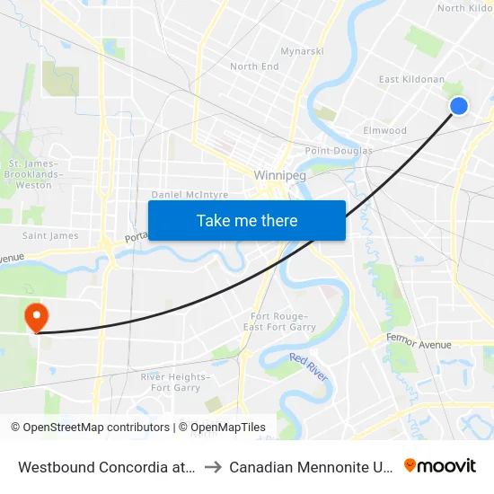 Westbound Concordia at Louelda to Canadian Mennonite University map