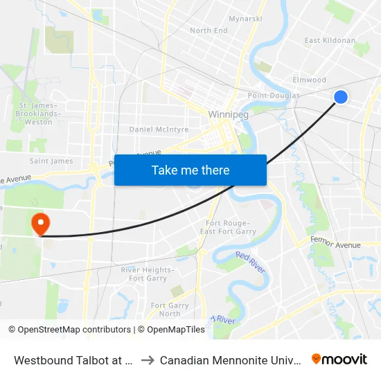 Westbound Talbot at Kent to Canadian Mennonite University map