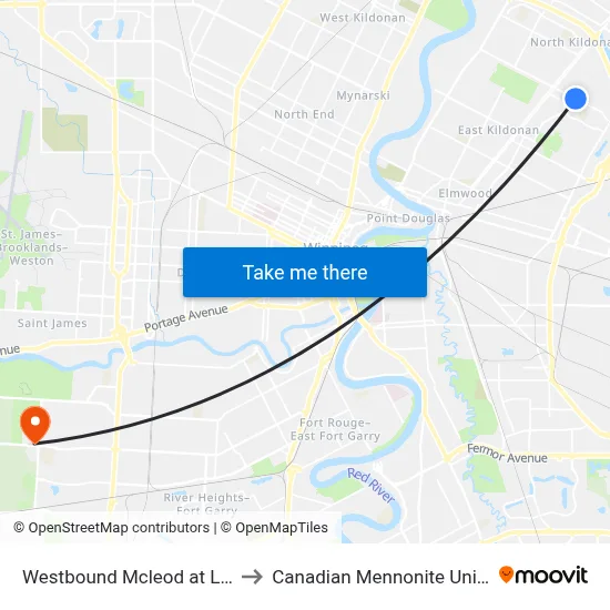Westbound Mcleod at London to Canadian Mennonite University map