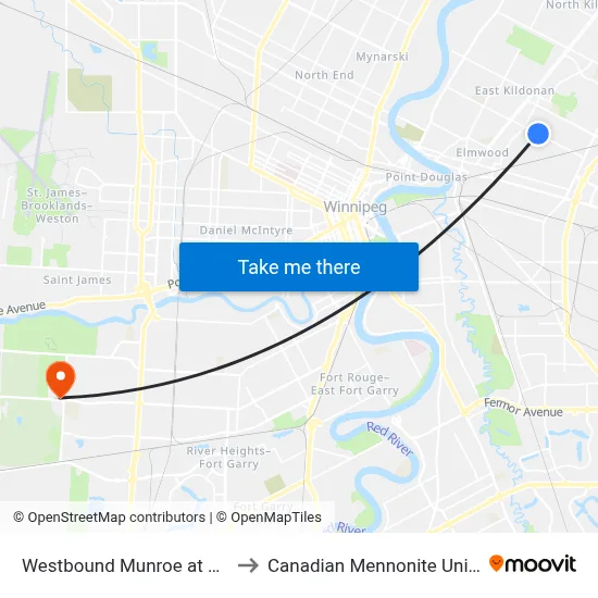 Westbound Munroe at London to Canadian Mennonite University map