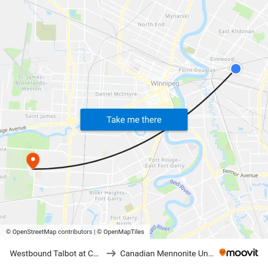 Westbound Talbot at Cameron to Canadian Mennonite University map