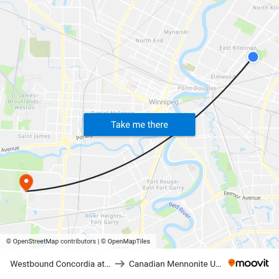 Westbound Concordia at London to Canadian Mennonite University map