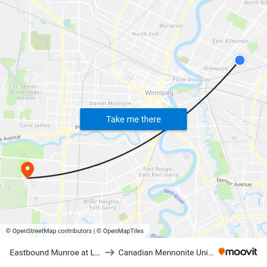 Eastbound Munroe at London to Canadian Mennonite University map