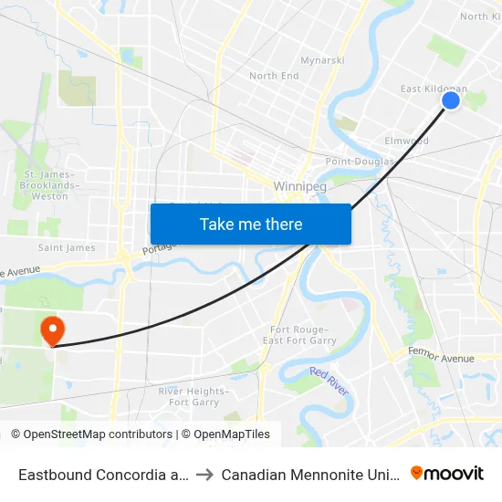 Eastbound Concordia at Grey to Canadian Mennonite University map