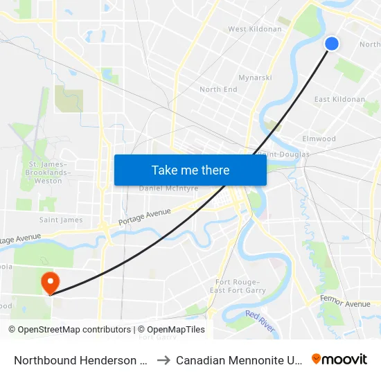 Northbound Henderson at Devon to Canadian Mennonite University map