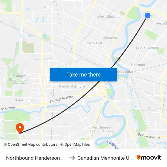 Northbound Henderson at Sutton to Canadian Mennonite University map