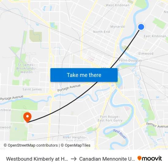 Westbound Kimberly at Henderson to Canadian Mennonite University map
