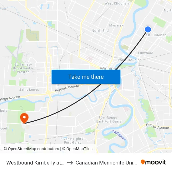 Westbound Kimberly at Roch to Canadian Mennonite University map