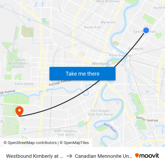 Westbound Kimberly at Golspie to Canadian Mennonite University map