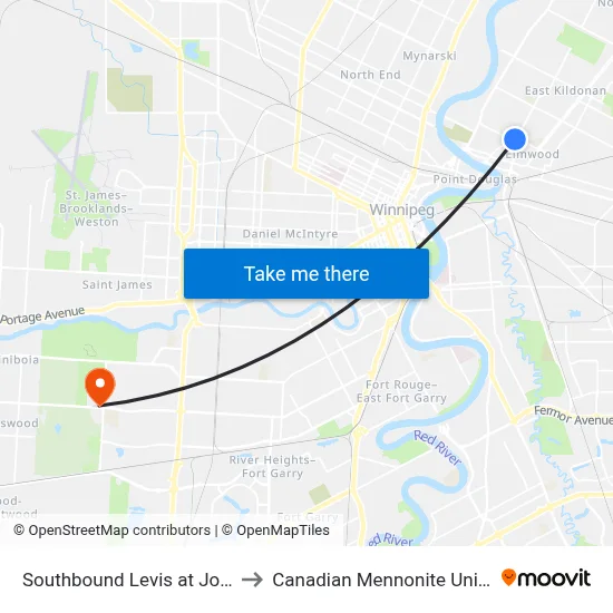 Southbound Levis at Johnson to Canadian Mennonite University map