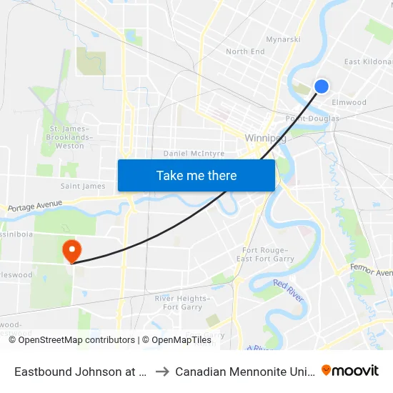 Eastbound Johnson at Brazier to Canadian Mennonite University map