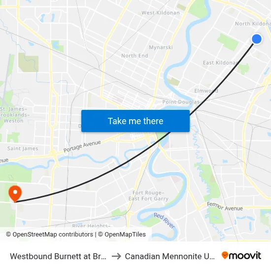Westbound Burnett at Brunswick to Canadian Mennonite University map