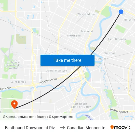 Eastbound Donwood at River East Plaza to Canadian Mennonite University map