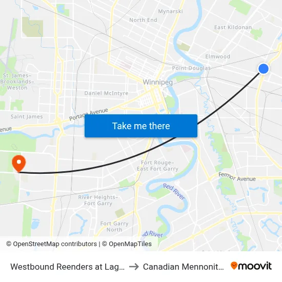 Westbound Reenders at Lagimodiere West to Canadian Mennonite University map